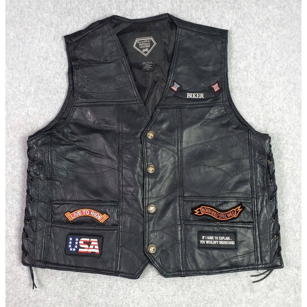 Diamond Plate Buffalo Leather Vest Mens 2XL Black Biker Eagle Patriotic Patches